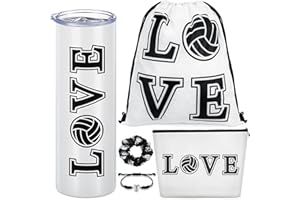 Yinder 5 Pcs Volleyball Gifts for Women Include Volleyball Tumbler Mug with Straw 17. 2'' Drawstring Bag Canvas Cosmetic Bag Adjustable Rope Bracelet Elastic Headband for Teen Women