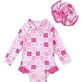 ADXSUN Baby Girl Swimsuit One-Piece Long Sleeve Rash Guard with Hat Set Strawberry/Flower Zipper Bathing Suit