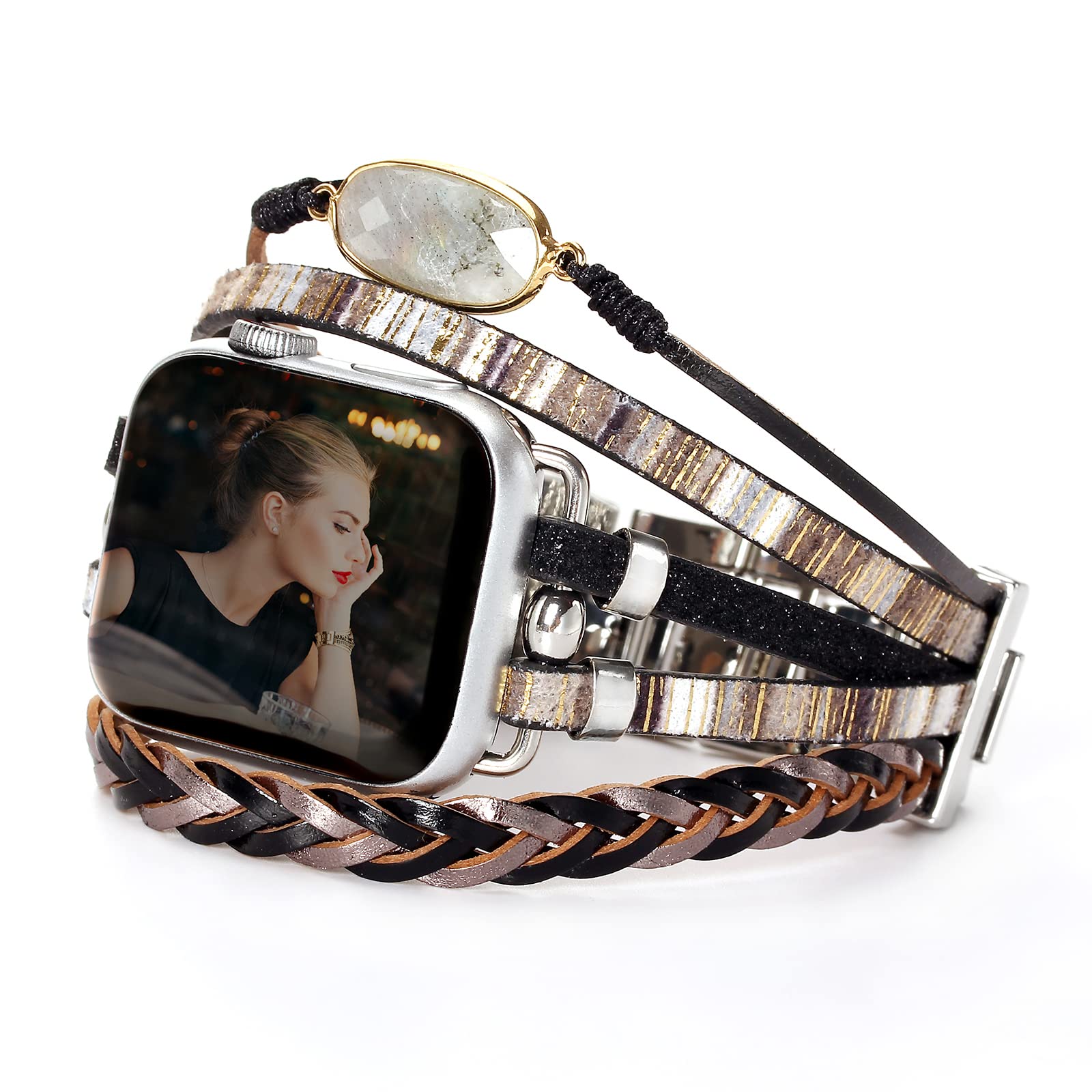 CHARMINGO Boho Leather Bracelet Compatible with Apple Watch Bands for Women Men 38mm 40mm 41mm - Multilayer Wrap Dressy Apple Watch Strap for Cute Iwatch Band Series 10 9 8 7 6 SE Ultra 2 5 4 3 2 1 - — image 1