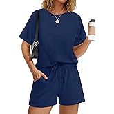WIHOLL Women's 2 Piece Lounge Sets Short Sleeve T-Shirt and Drawstring Shorts Casual Pajamas Vacation Outfits with Pockets