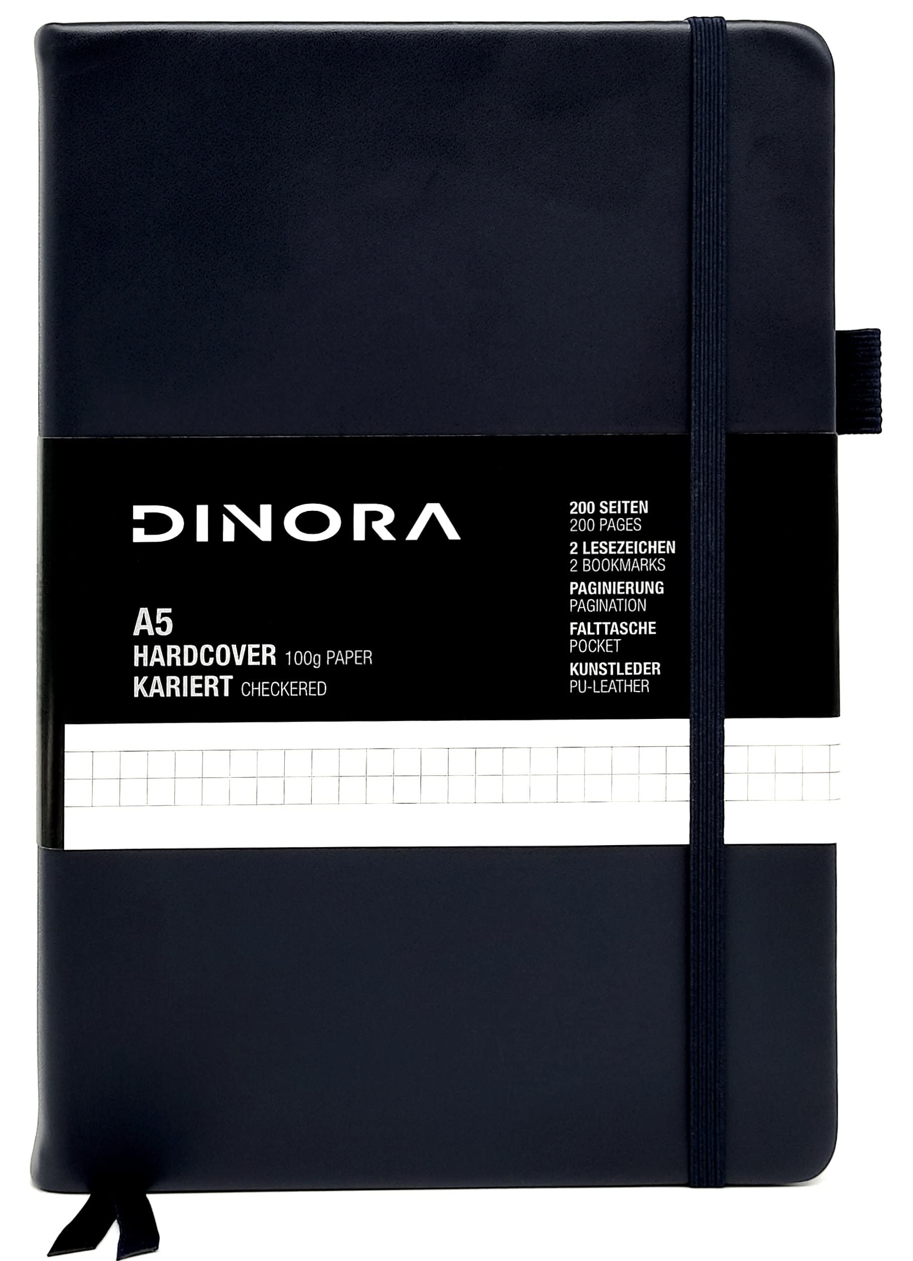 Dinora® Notebook A5 Hardcover – Squared – PU Leather Look – 200 Numbered Pages – 100 g Avery Paper – Navi Blue