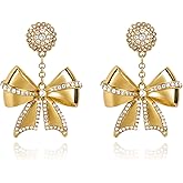 Gold Bow Earrings for Women Dangle 14K Gold Plated Bowknot Earrings Elegant Drop CZ Ribbon Bow Knot Statement Earrings with Cubic Zirconia Ball Wedding Bridal Christmas Party Jewelry Gift for Women