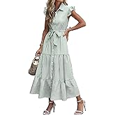 Caracilia Womens Summer Casual Ruffle Cap Sleeve Maxi Dress Button Down Striped Plaid Tie Waist Vacation Long Shirt Dresses