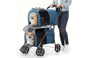 MoNiBloom Double Dog Stroller with Detachable Carrier Bags Large 4 Wheels Foldable Jogger for Small and Medium Dog Cats, Navy