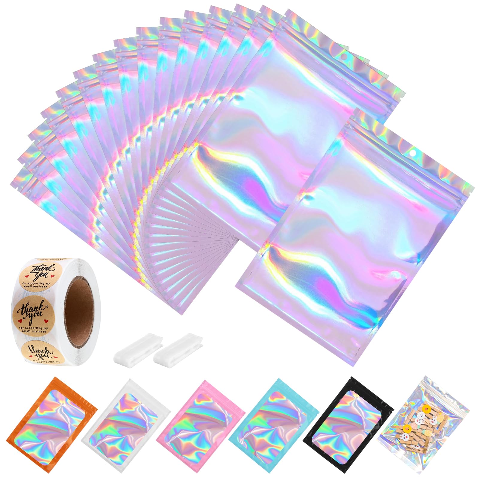 Photo 1 of 100-pack 10" x 14" Holographic Mylar Bags with Clear Window 1 Gallon Resealable Foil Pouches for Food Storage Large Smell Proof Edible Packaging Bag for Gifts Jewelry and Small Business