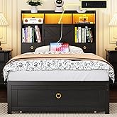 Etditrnp Twin Bed Frame with Storage Headboard, Farmhouse Platform Bed Frame with Bookshelf, Drawers, LED Lights and Charging Station, Metal Slats Support, Noise Free, No Box Spring Needed, Black
