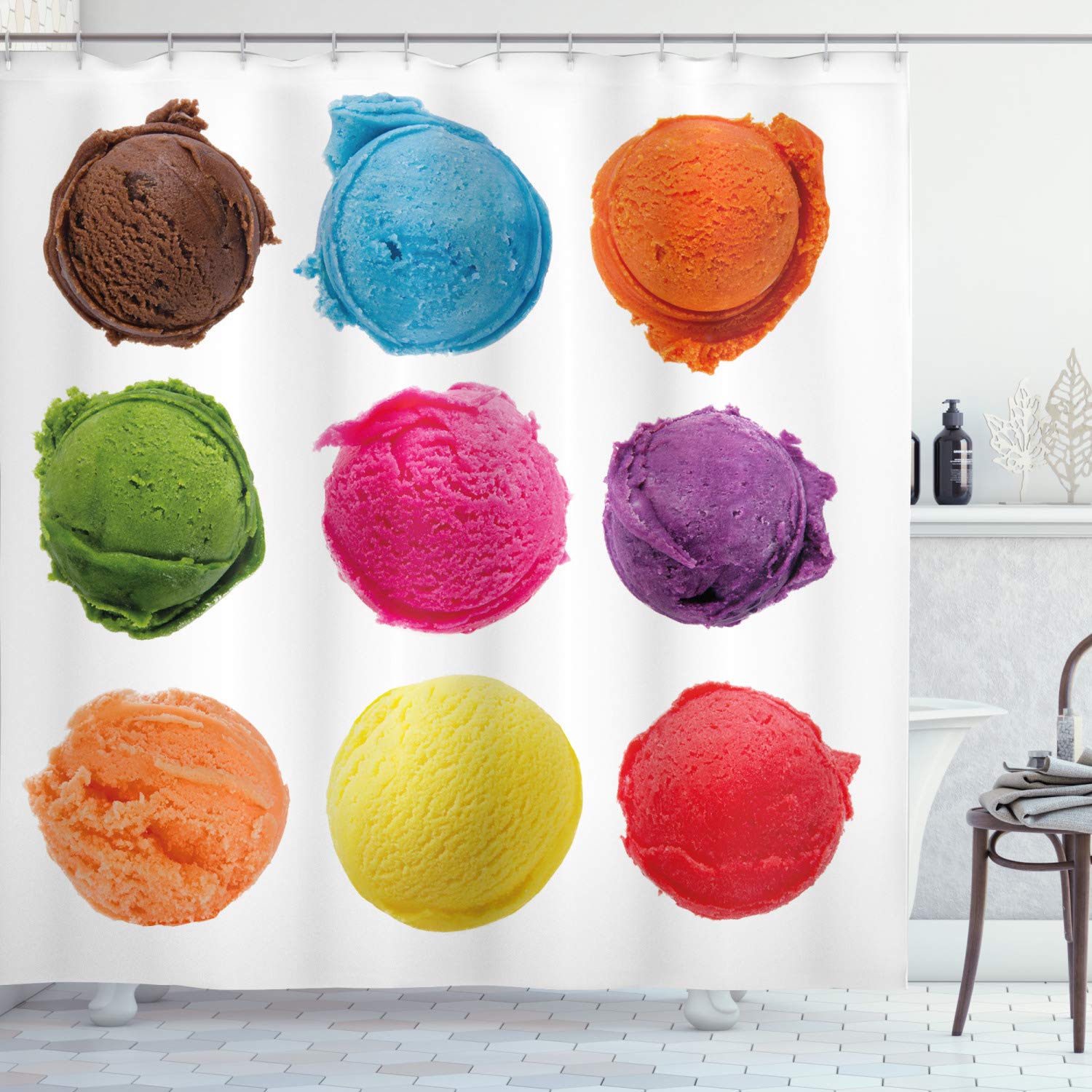 ABAKUHAUS Ice Cream Shower Curtain, Ice Cream Toppings with Colorful Various Flavor Yummy Summer Season Image, Cloth Fabric Bathroom Decor Set with Hooks, 175 x 180 cm, Multicolor White