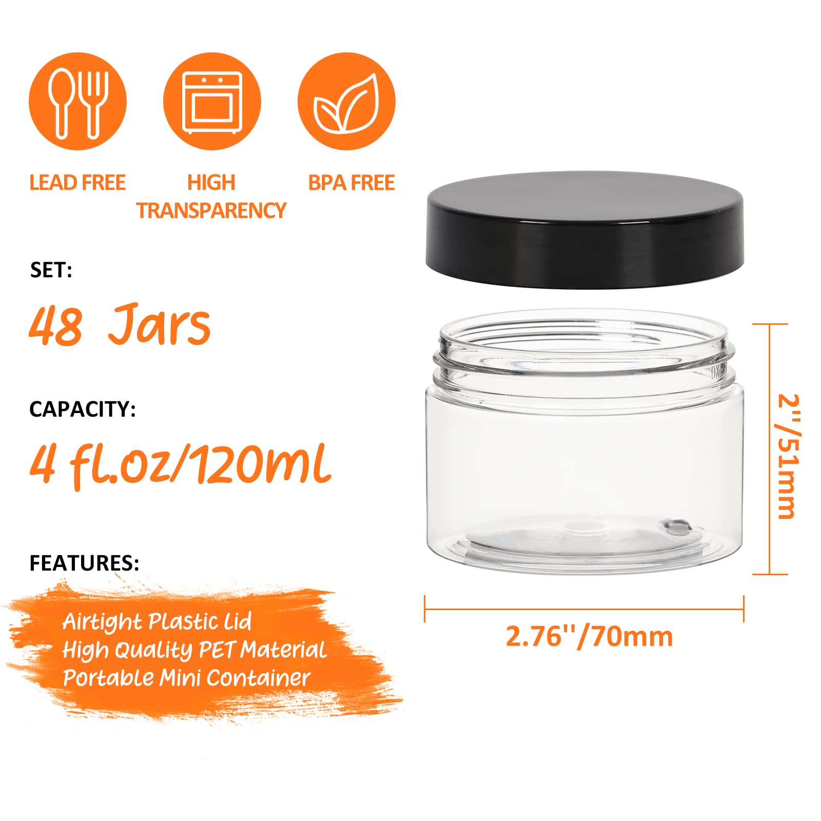 Clear 4 oz Plastic Jars with Lids & Labels - Refillable Cosmetic Small Containers with Black Screw Lid/Slime Containers (4 fl.oz, 48Pack)