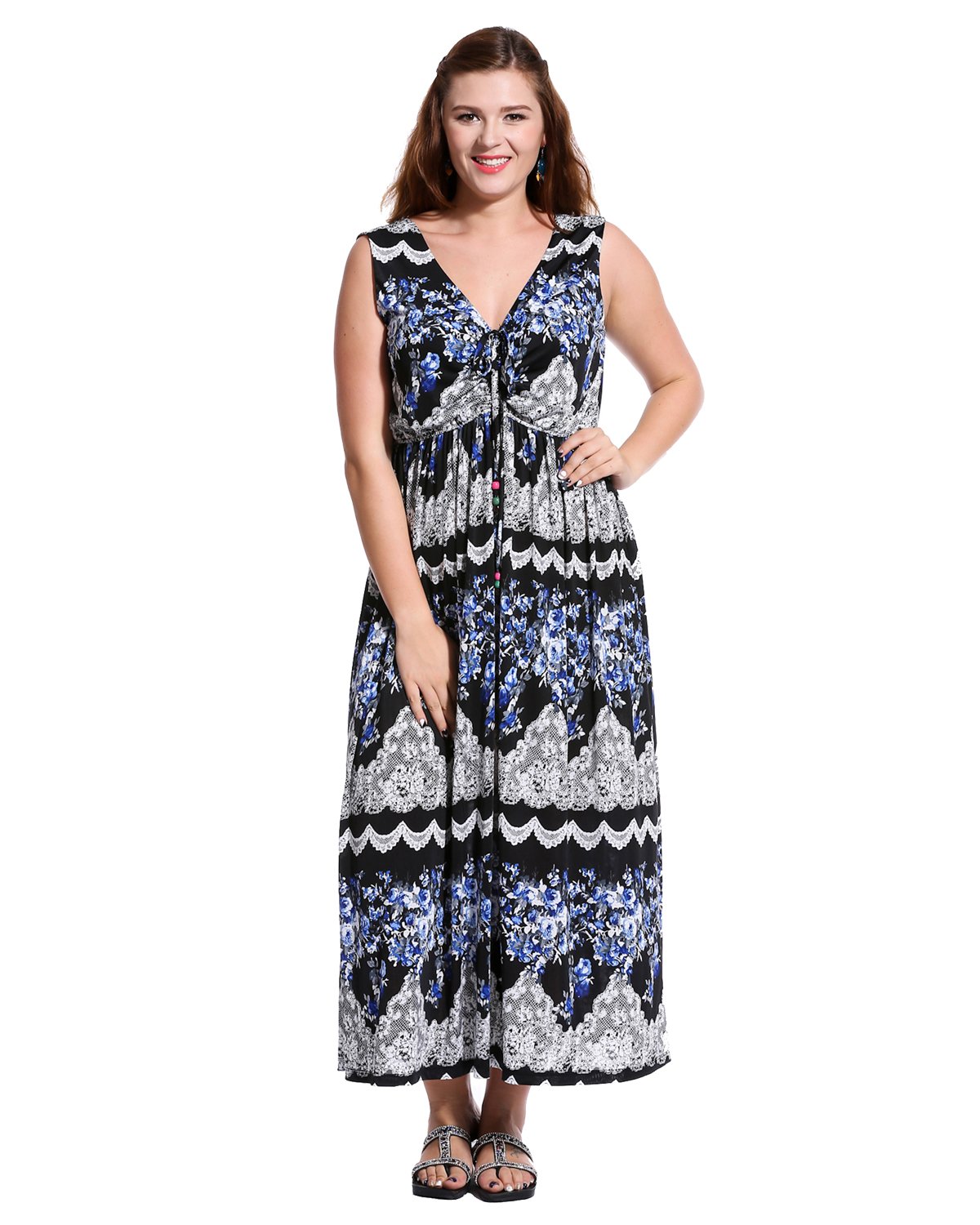 Dilanni Women Sexy V neck Halter Long Summer Maxi Casual Holiday Beach Sundresses (XX-Large,Color 2)