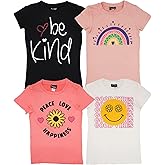 MISS POPULAR Girls 4-Pack Super Soft Short Sleeve T-Shirts Rainbow Butterfly Glitter Print Cute Design| Sizes 7-16
