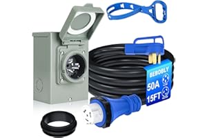 BEBOBLY 50 Amp Power Inlet Box and 15FT Generator Cord, 125V/250V Emergency Power Combo Kit, NEMA 3R Generator Plug, NEMA14-50P/SS2-50R RV Power Extension Cord, Twist Lock, Grip Handle