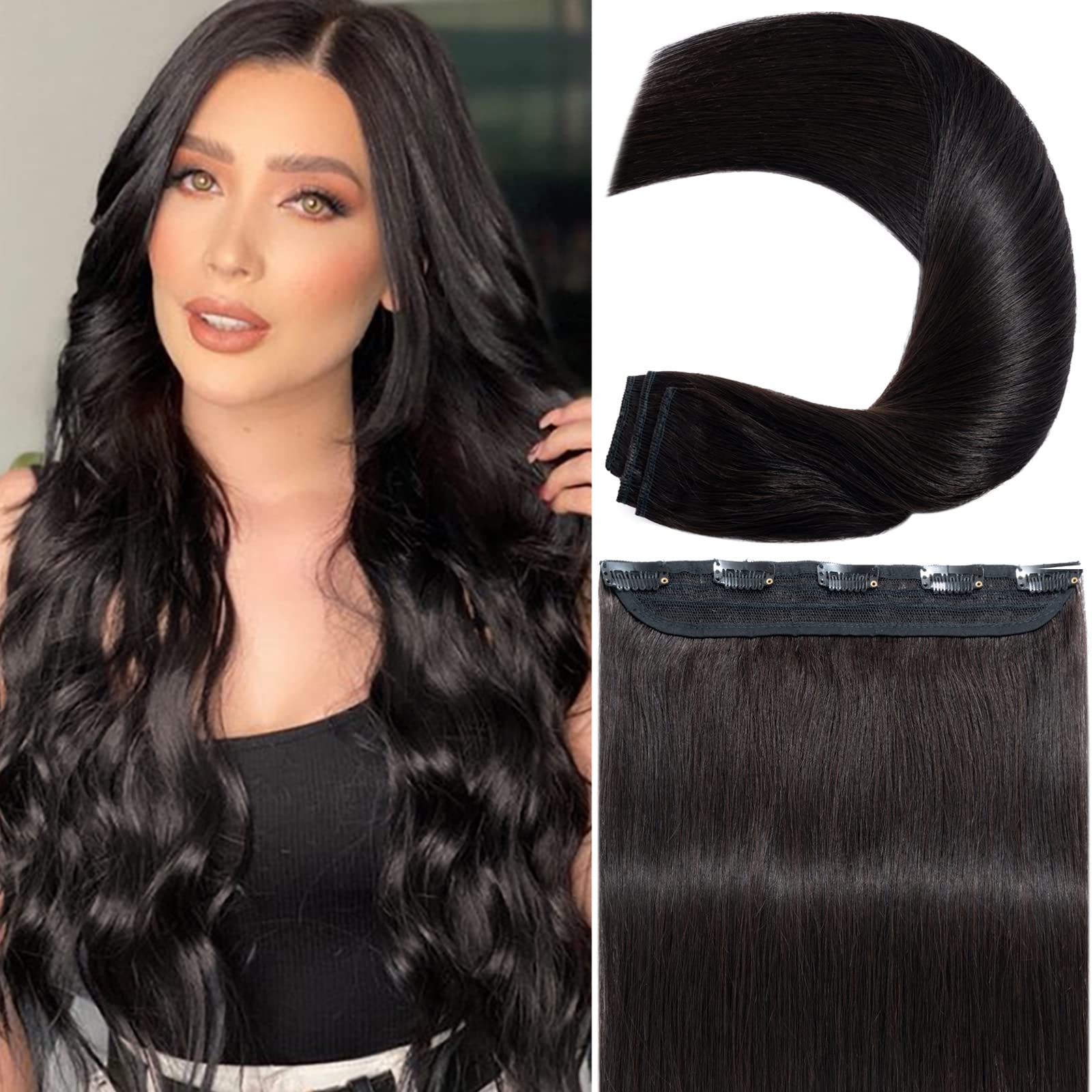Photo 1 of S-noilite One Piece Clip in Hair Extensions Real Human Hair One Piece/5 Clips 3/4 Full Head One Piece Human Hair Extensions Clip ins One Weft Hair Straight #Natural Black 16"(40cm)-45g