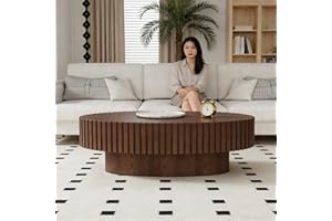 Modern Mid Century Oval Fluted Coffee Table, Fluted Wood Drum Center Table with Solid Wood Veneered and Handcrafted Relief fo