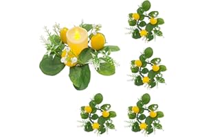 LKPOMI 4 Pcs Lemons Candle Rings Wreaths Decorative Greenery Candle Holder with Yellow Lemons and White Flowers Mini Wreaths 3inch Center for Home Kitchen Table Centerpiece