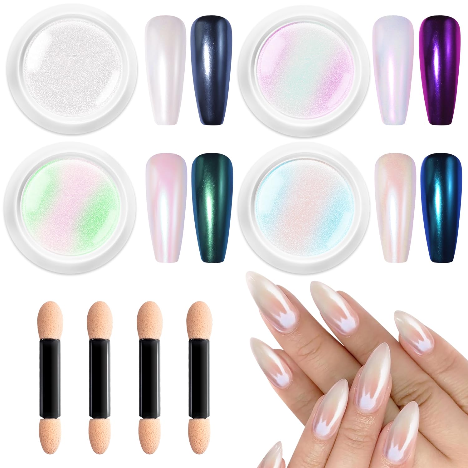 Glassy Pearl Chrome Nail Powder, BISHNGYF High Gloss White Chrome Powder for Nails, Glazed Donut Clear Ice Aurora Magic Nail Pigment Powder Mirror Effect Nail Glitter - 4Pcs Easy to Diy Decor Salon