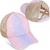 Girls Glitter Baseball Cap Criss Cross Hat, Girl High Ponytail Hat - Kids Trucker Hat with High Bun Messy Ponytail(Ages5-15)