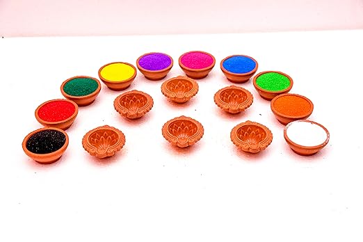 Bhagya Laxmi Handmade Clay Diya for Diwali Navratri | Clay Diya for Puja Decoration | Rangoli Colour Powder for Rangoli Occasion Navratri Pongal Decoration (06 Diyas + 10 Colors)