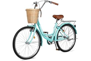 MarKnig Beach Cruiser Bike, 24/26 inch Commuter Bicycle for Women and Men, High-Carbon Steel Comfortable City Bikes with Basket