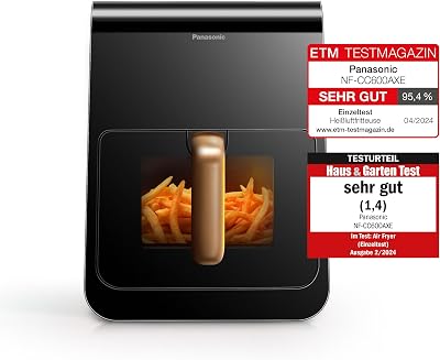 NF-CC600AXE Air Fryer mit Sichtfenster, 6 l, 80–200 °C, digitaler Timer & LCD-Display, sanfte Dampfzugabe, 11 Voreinstellungen, einfache Reinigung, Schwarz mit Griff in Roségold