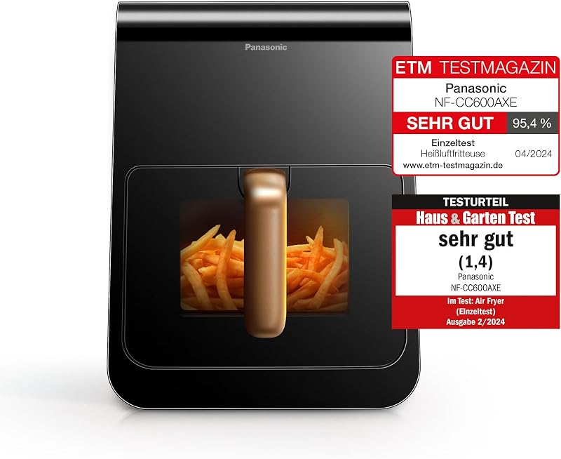 NF-CC600AXE Air Fryer mit Sichtfenster, 6 l, 80–200 °C, digitaler Timer & LCD-Display, sanfte Dampfzugabe, 11 Voreinstellungen, einfache Reinigung, Schwarz mit Griff in Roségold