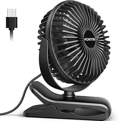HONYIN Mini USB Clip Fan 720° Rotation 3 Speeds Desk Clip Personal Fan