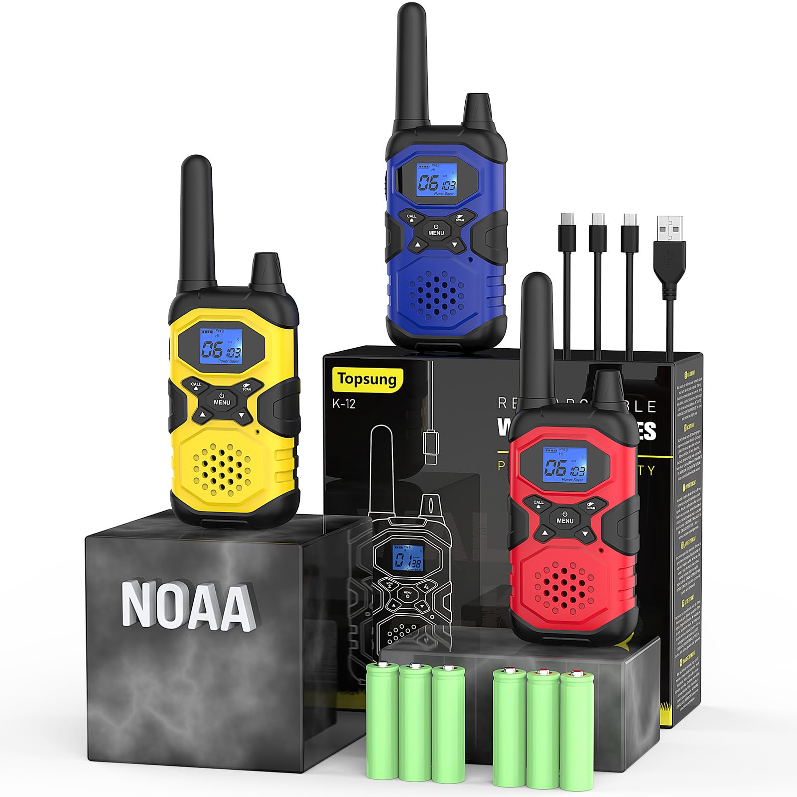 Photo 1 of Topsung Walkie Talkies for Adults Rechargeable Walkie-Talkie Long Range 3 Pack, Multi-purpose NOAA 2 Way Radios with 4500mAh Battery USB Lanyards for Family Office School Camping Hiking Skiing Cruises