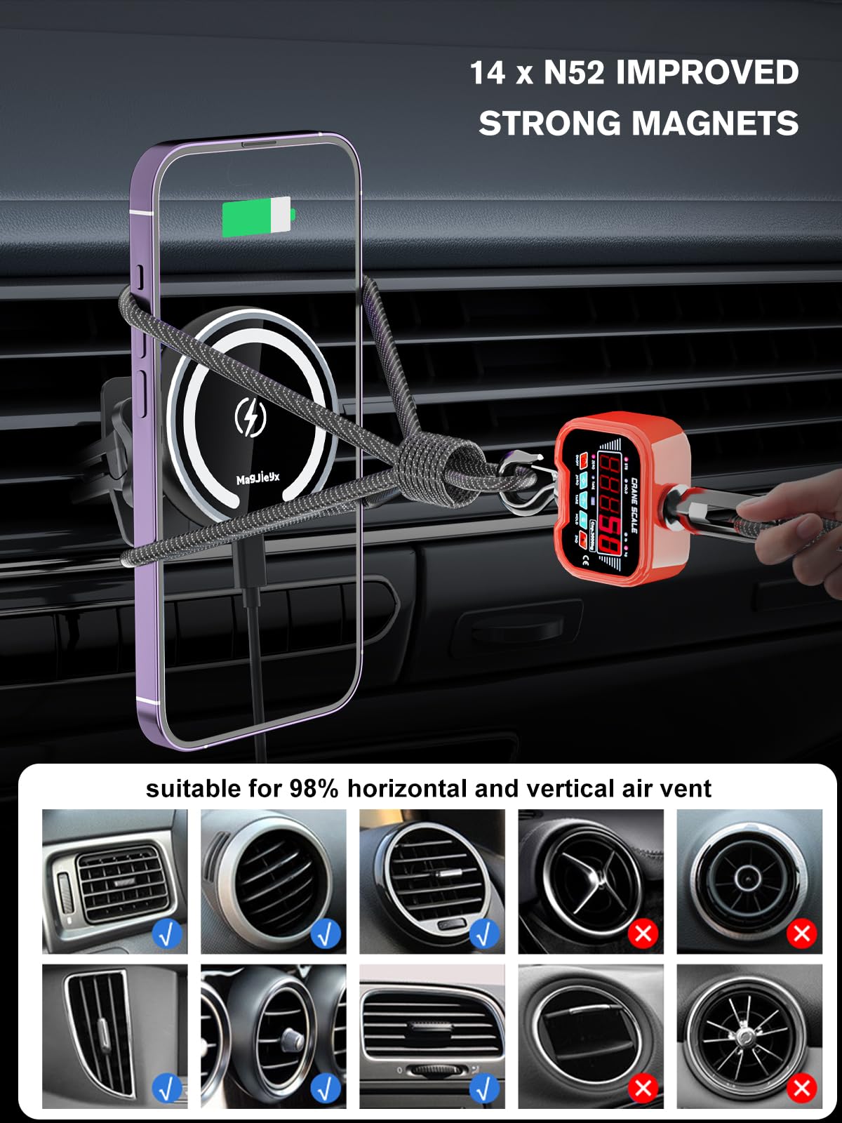 MAGJIEYX for Magnetic Magsafe Car Mount Charger, Wireless Car Charger with Fast Max 38W QC3.0Charging Adapter Retractable Phone Holder Fits iPhone16/15/14/13Plus/MagSafe Case,Dashboard/Vent/Windshield