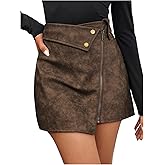 SweatyRocks Women's Punk Retro PU Leather Mini Skirts High Waist Zipper Button Asymmetrical Skirt