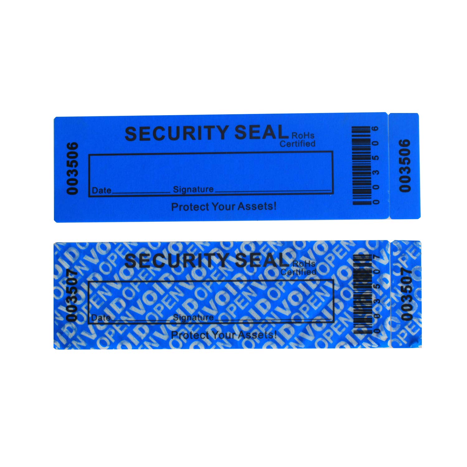 TamperSeals Group – 50pcs Non-Transfer Tamper Proof Security "VoidOpen" Labels/Stickers/Seals (Blue, 35 x 120 mm, Triple Serial Numbers)