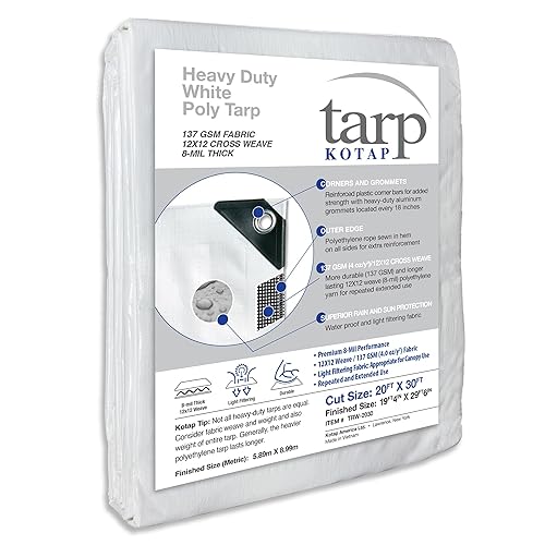 Kotap 20 x 30 Ft. Heavy-Duty Protection/Coverage Tarp, Superior Weave for Greater Longevity 8-mil, Multi-Use, Waterproof, White, 1-Pack (TRW-2030)