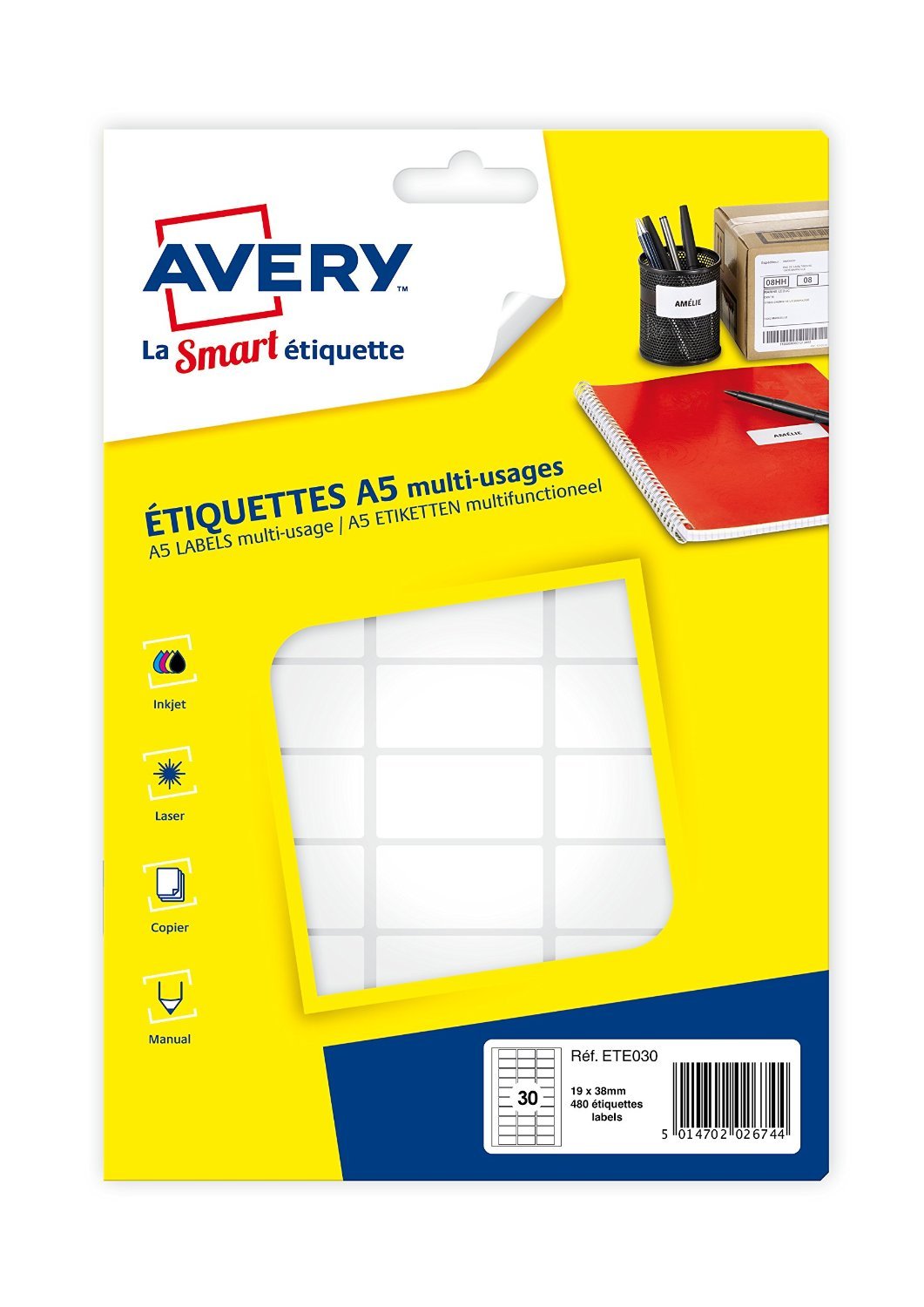 Avery 480 Multi-Purpose Labels (30 per Sheet) - 19 x 38 mm - A5 Sheet (ETE030)