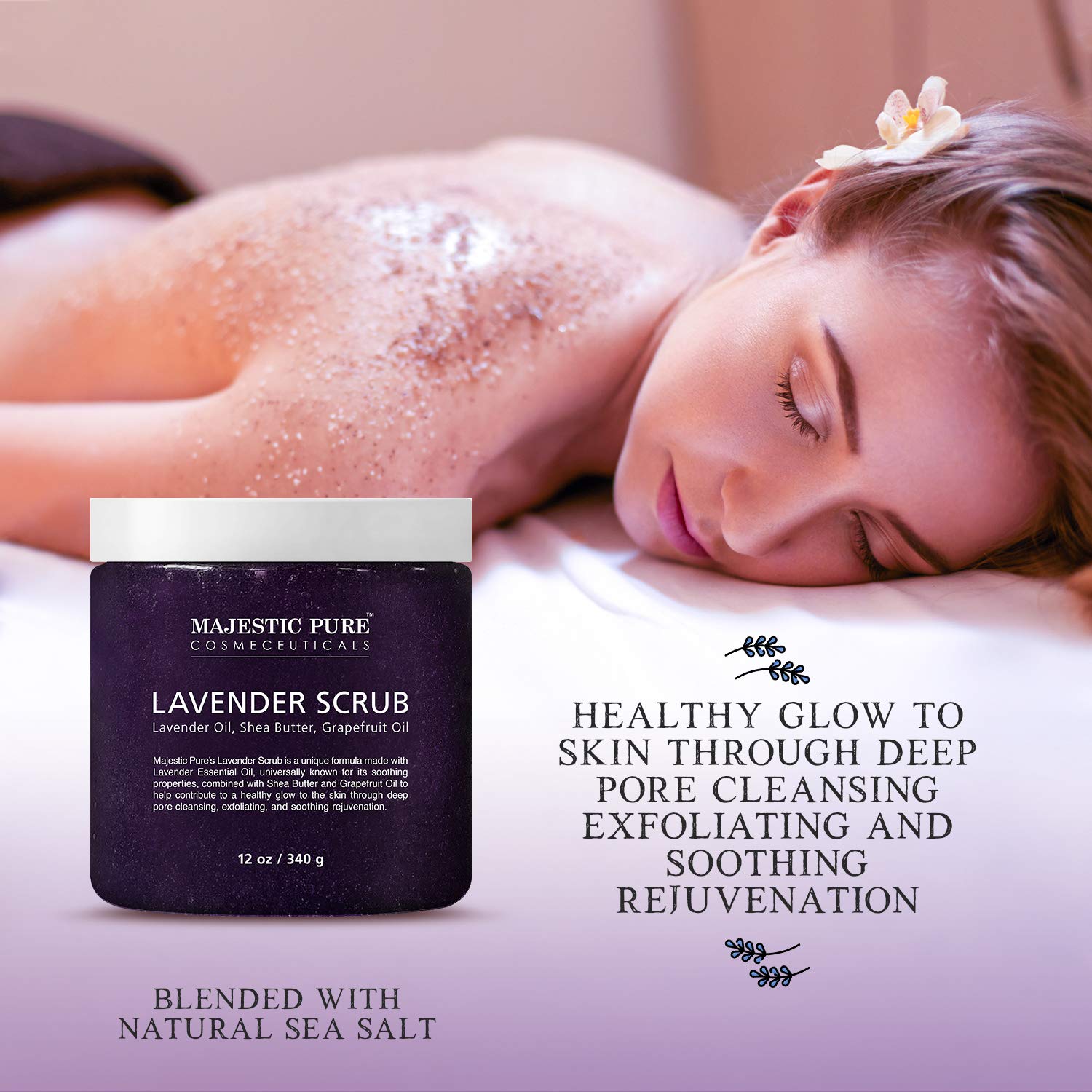Lavender Oil Body Scrub Exfoliator with Shea Butter and Grapefruit Oil by Majestic Pure - Exfoliate & Moisturize Skin, Fights Acne - 12 oz : Beauty