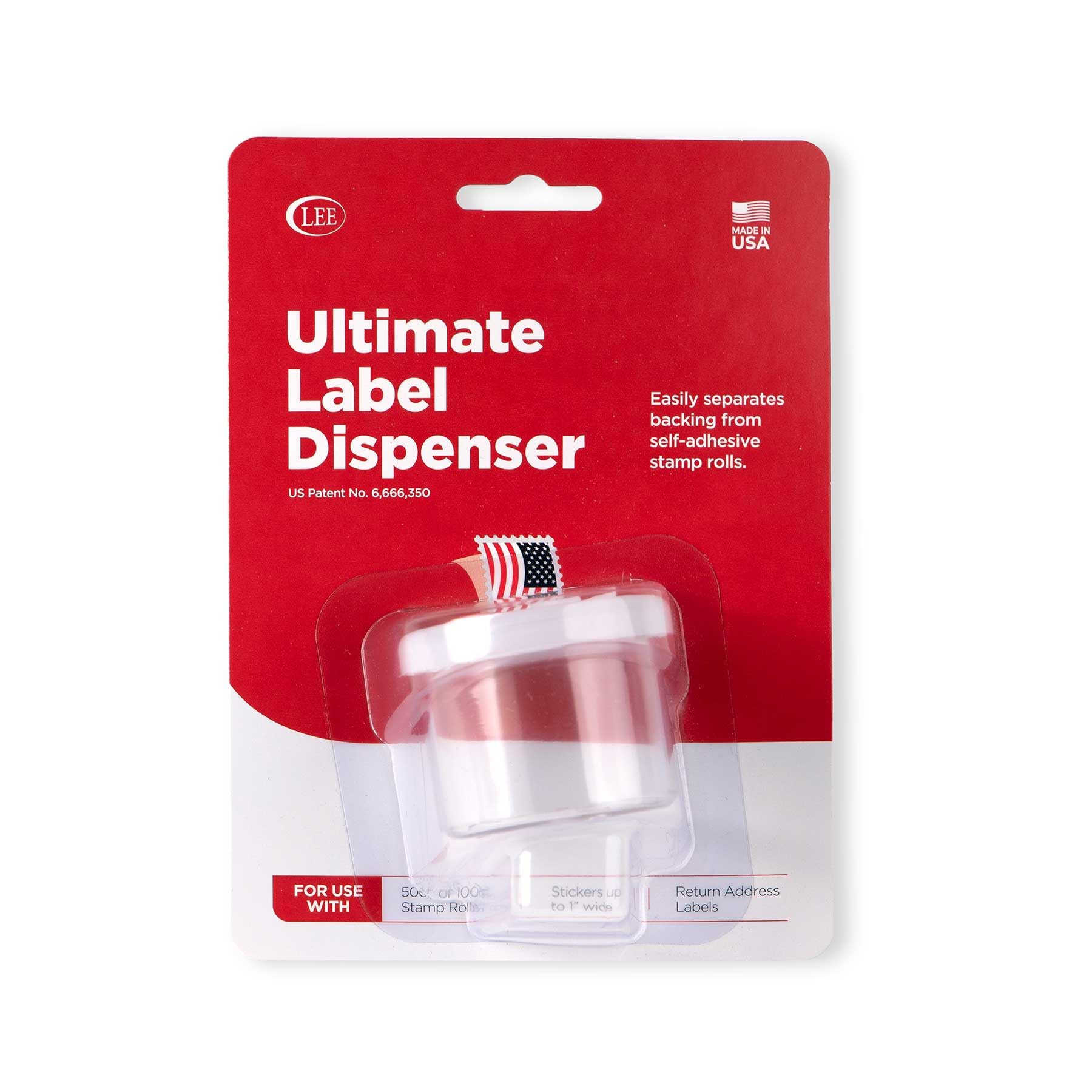 Photo 1 of Lee Ultimate Stamp Dispenser – Durable, Reusable Holder for Self-Adhesive Stamps, Address Labels, and Stickers, Fits Rolls up to 1 Inch Wide (Clear)