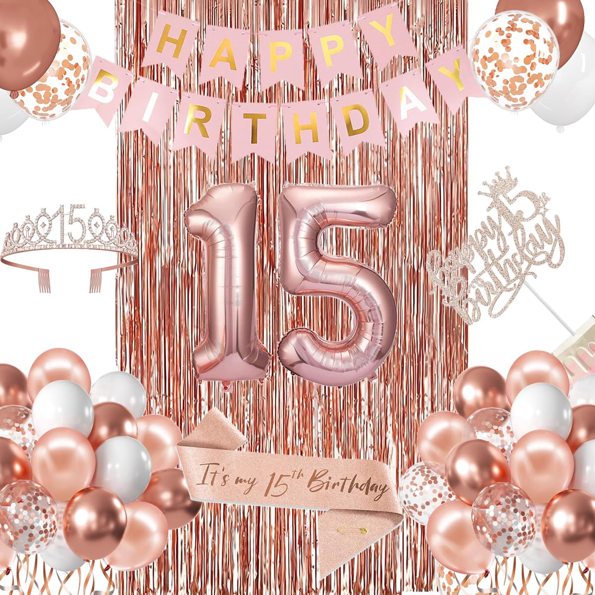 Photo 1 of 15th Birthday Decorations for Girls, Happy 15th Birthday Banner, Balloons, Cake, Topper Sash and Crown, Rose Gold 15 Year Old Birthday Decorations