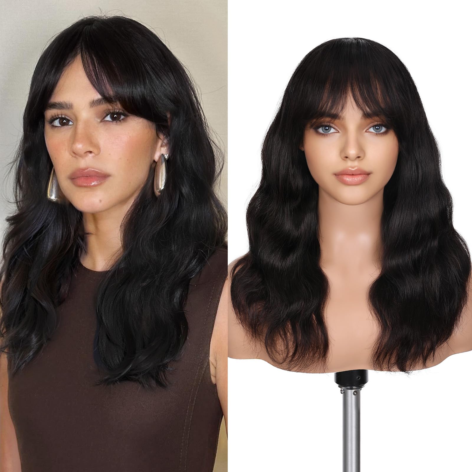 Photo 1 of FAVE 16 Inch Human Hair Wig with Bangs 1×3 HD Lace Top Glueless Bang Wig Human Hair for Women, Natural Waves Looking,Beginner Friendly(Natural Color)