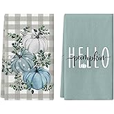ANTPFAE Fall Hand Towels Set of 2, Hello Pumpkin Blue Eucalyptus Leaves Bath Hand Towels for Bathroom Decorative Autumn Soft Absorbent Face Towels for Bathroom Home Hotel Gym Spa Yoga Kitchen 18"x26"