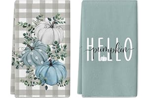 ANTPFAE Fall Hand Towels Set of 2, Hello Pumpkin Blue Eucalyptus Leaves Bath Hand Towels for Bathroom Decorative Autumn Soft Absorbent Face Towels for Bathroom Home Hotel Gym Spa Yoga Kitchen 18"x26"