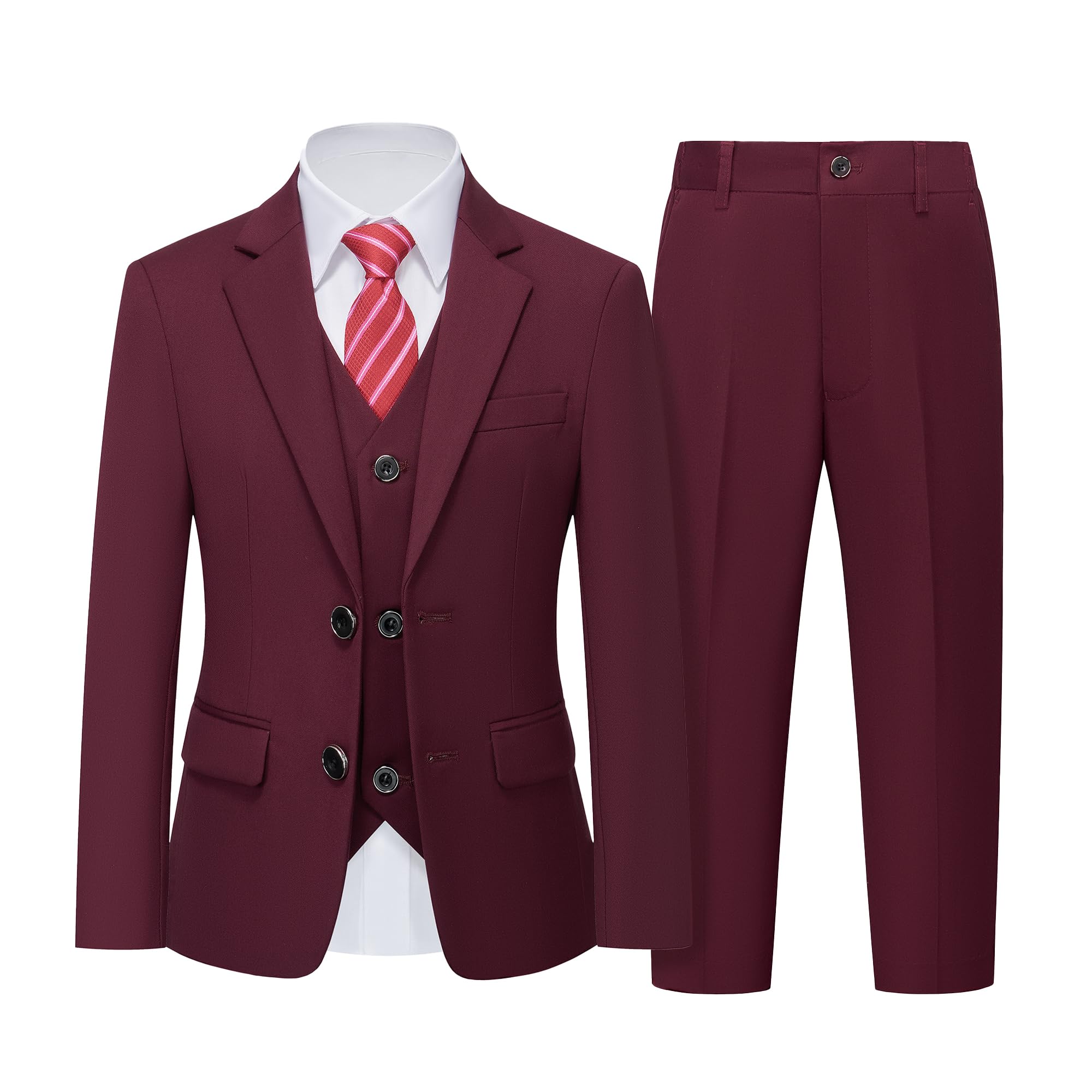 Photo 1 of YND Boys Formal Slim Fit, 5-Piece Suits for Kids, Jacket Vest Pants Shirt and Tie for Wedding Prom Burgundy