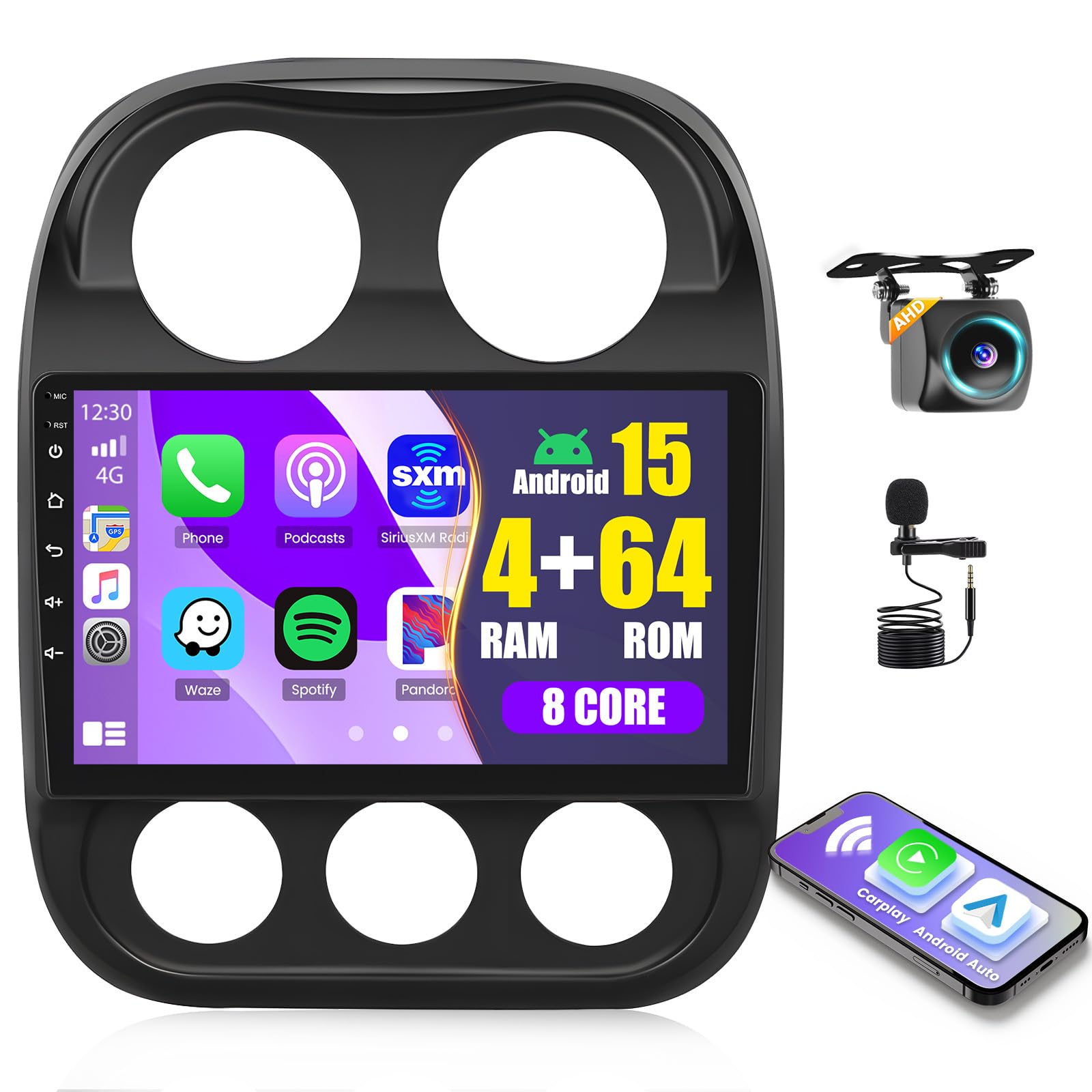 Photo 1 of Roinvou 8 Cores 4+64G Android Car Radio for Jeep Compass Patriot 2010-2016, 10.1" Touch Screen Carplay Android Auto with 32EQ Bluetooth WiFi GPS Navigation Mirror Link Backup Camera