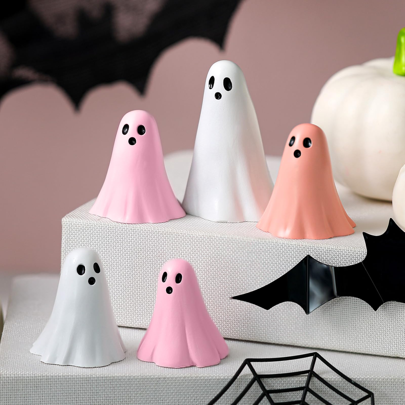 Photo 1 of *** FULL SET** Amyhill 5 Pcs Halloween Ghost Figurine Resin Ghost Sculpture Statue Cute Halloween Decorations Spooky Tiered Tray Decor for Indoor Home Table Centerpieces Party Kitchen Tabletop Shelf (Cute,Pink)