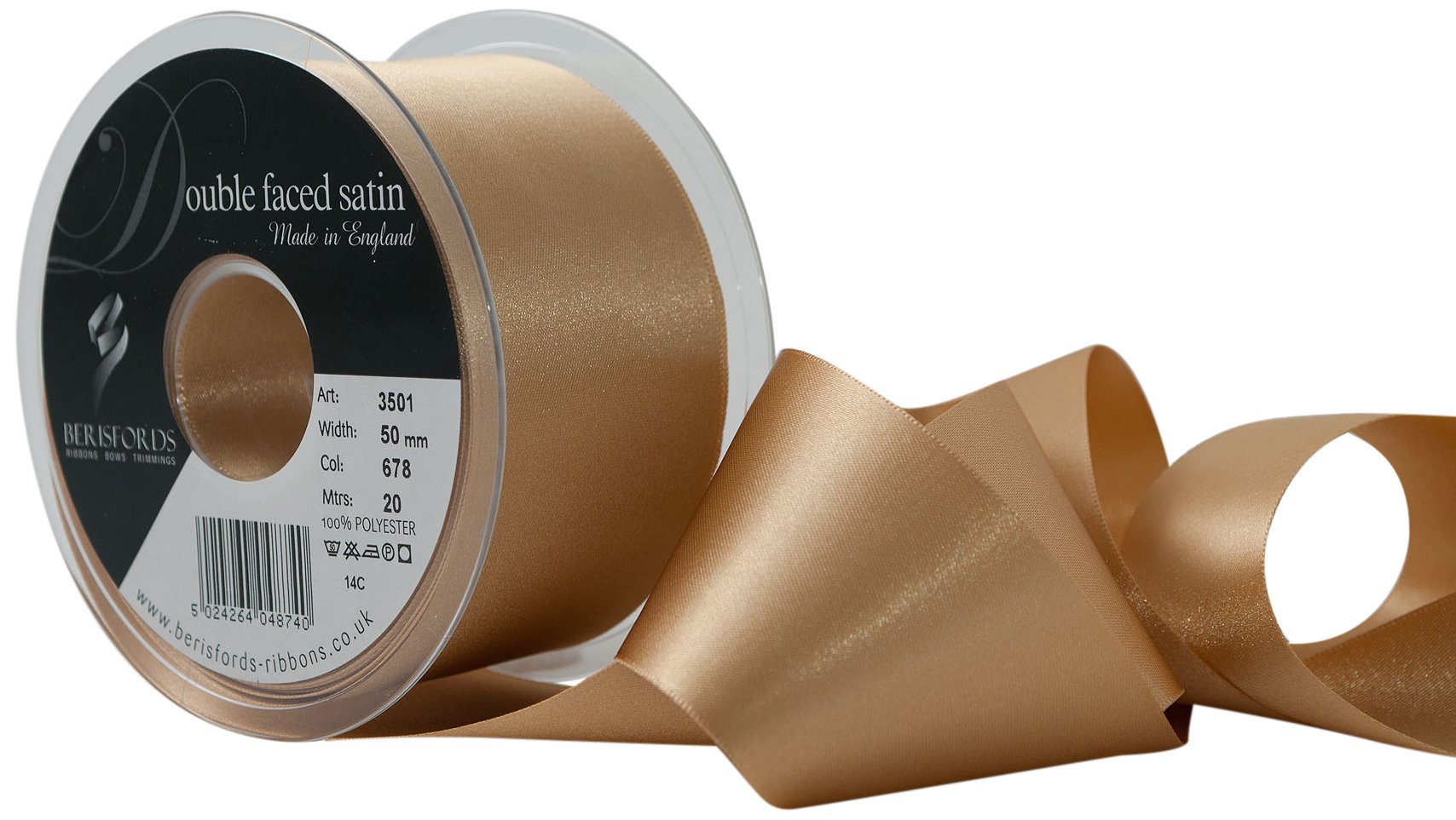 Berisfords 3501 Double Satin Ribbon, Honey Gold, 50 mm — image 1