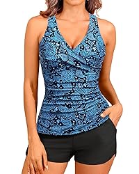 Women Blue Paisley Tankini Swimsuits with Shorts