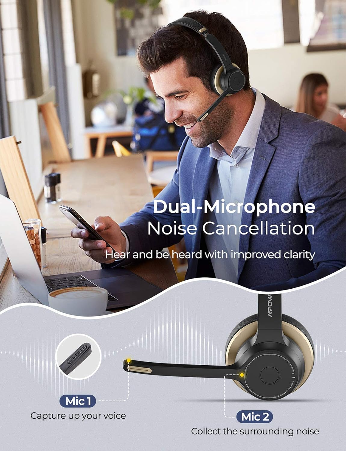 Mpow Bluetooth Headset V5.0 with Dual Microphone, Wireless PC Headphones,CVC8.0 Noise Canceling, On Ear for Computer,Cell Phone, Call Center, Office, Skype, 22 H Talk Time,Soft Earpad (Wired Optional): Electronics