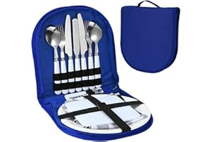 Camping Cutlery Set for 2, Food-Grade Stainless Steel Camping Cutlery with Spoon Fork Knife Plate, Lightweight Travel Cutlery