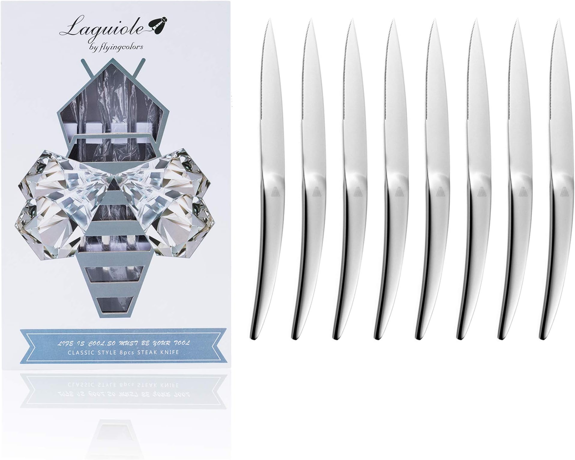 Laguiole By FlyingColors Steak Knife Set Serrated Stainless Steel 8-Piece, Premium Dinner Knife Set with Gift Box