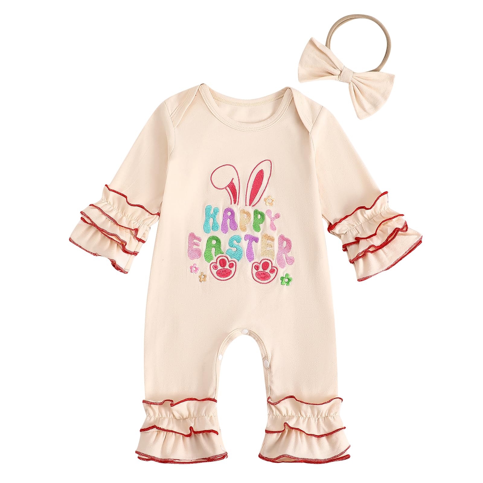 Photo 1 of (missing headband) Partclots Newborn Baby Girl Easter Day Jumpsuit Long Sleeve Letter Rabbit Embroidery Infant Lucky Romper Headband (happy easter, 6-12 Months)