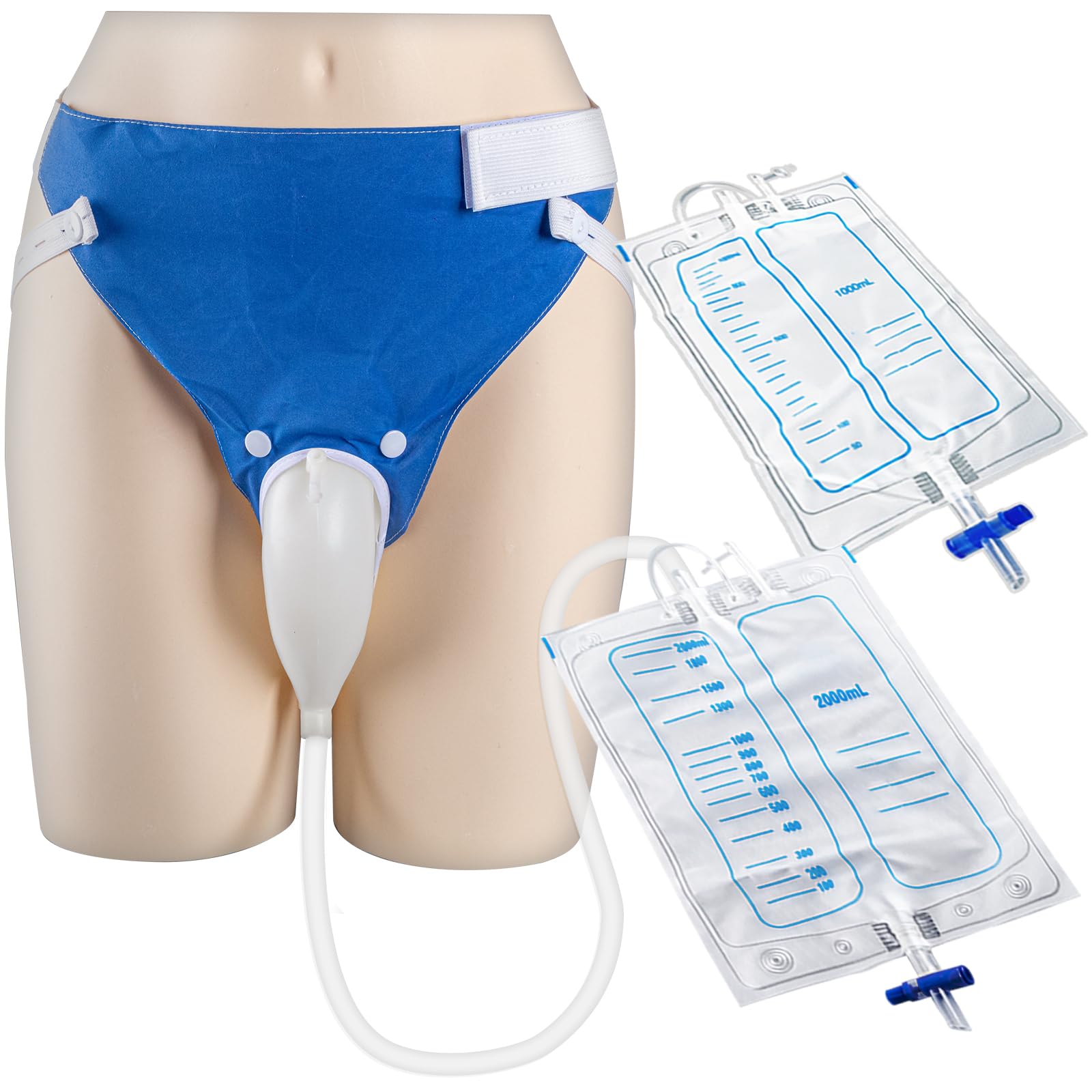 Photo 1 of Wearable Urine Collector for Men with Cotton Fixing Pants 2000ml and 1000ml Urine Bags Silicone Reusable Capsule 1.2M Tube for Daily and Nighttime Use, Elderly Men Blue