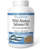 Natural Factors Wild Alaskan Salmon Oil 1,000 mg with Omega-3, 180 Softgels | Omega-3 Fish Oil with EPA &amp; DHA for Brain, Eye, Heart &amp; Joint Health*, Tested for Purity, Non-GMO &amp; Gluten-Free