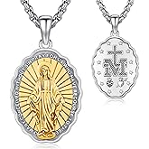 DRINSPER Virgin Mary Miraculous Medal Necklace for Women 925 Sterling Silver Virgen De Guadalupe Pendant Blessed Mother Mary Virgencita Necklace for Men Protection Jewelry Christmas Gifts