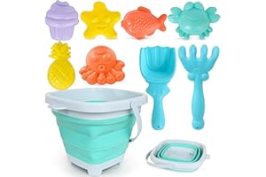 USATDD Beach Toys for Kids with Collapsible Bucket, Sand Molds Rake and Shovel, Collapsible Beach Bucket Travel Sand Toys for Toddlers Kids